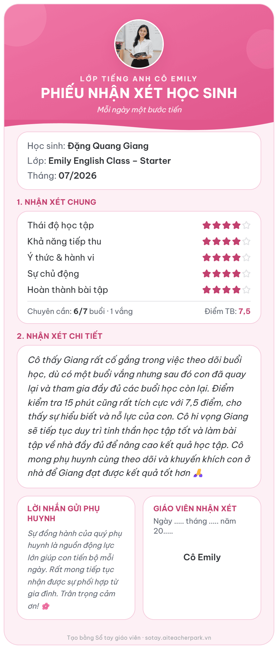 Phiếu nhận xét học sinh mẫu gửi phụ huynh