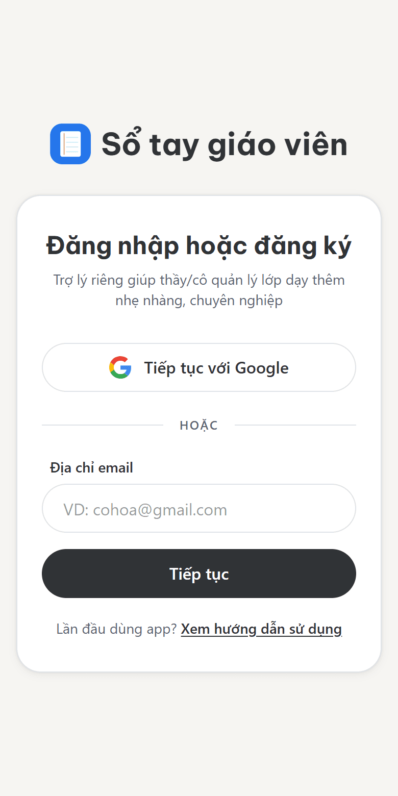 Màn hình đăng nhập app Sổ tay giáo viên với nút Tiếp tục với Google