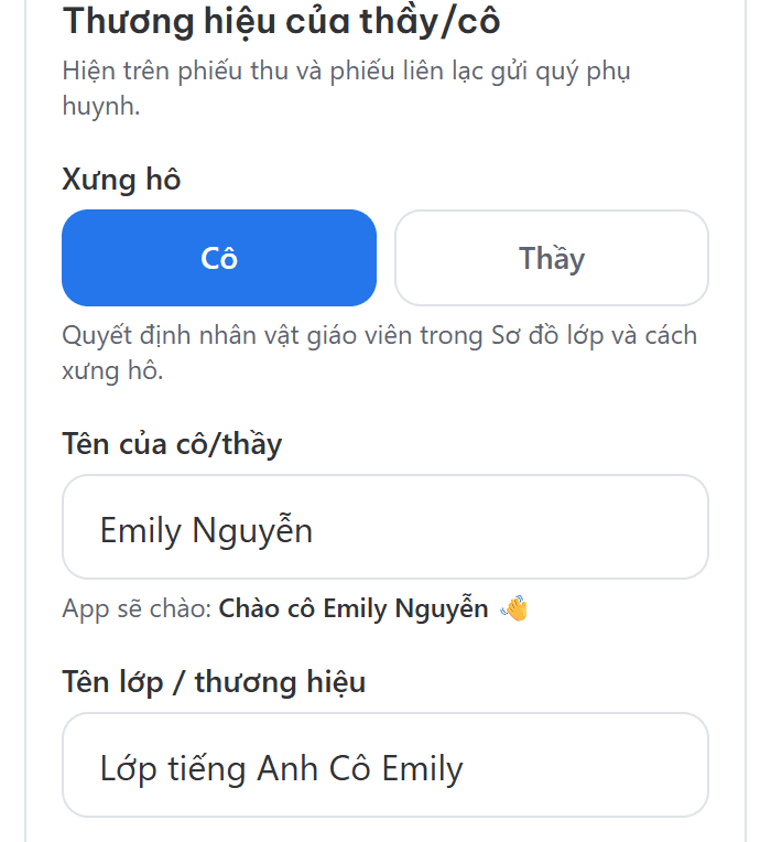 Trang Cài đặt mục Thương hiệu: xưng hô, tên của thầy cô và tên lớp