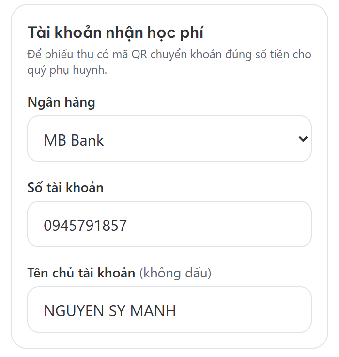 Trang Cài đặt mục Phiếu thu: chọn ngân hàng, số tài khoản và tên chủ tài khoản nhận học phí