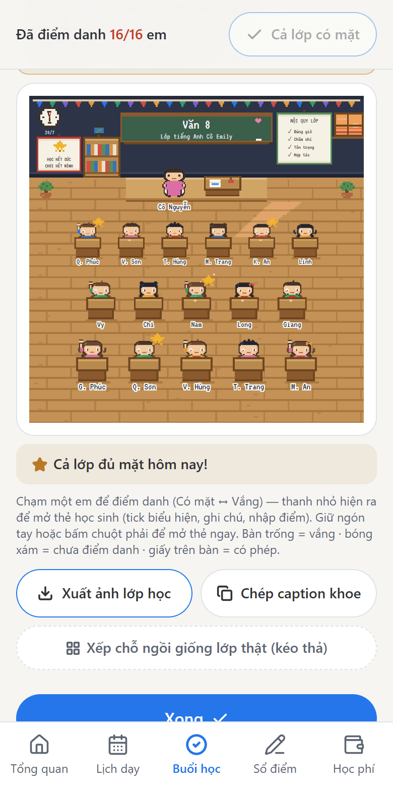 Màn hình điểm danh dạng sơ đồ lớp: cả lớp 16 em đã điểm danh đủ mặt