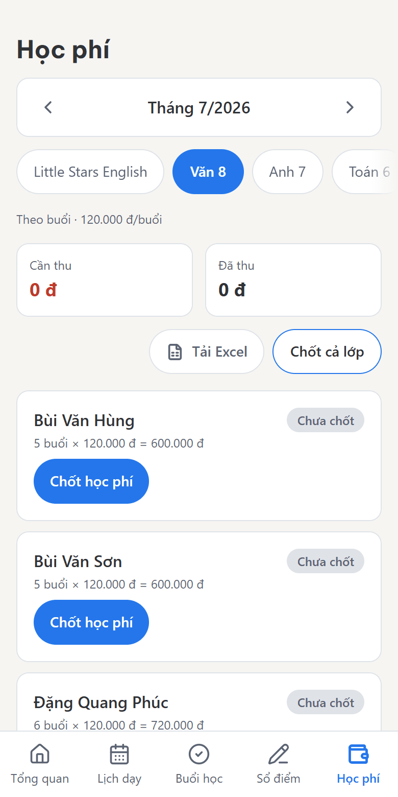 Màn hình Học phí: app tự tính số buổi nhân đơn giá cho từng em, nút Chốt học phí