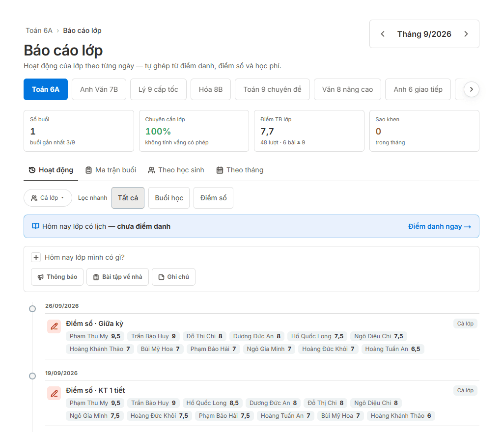 Báo cáo lớp — chuyên cần, điểm, hành vi tự tổng hợp
