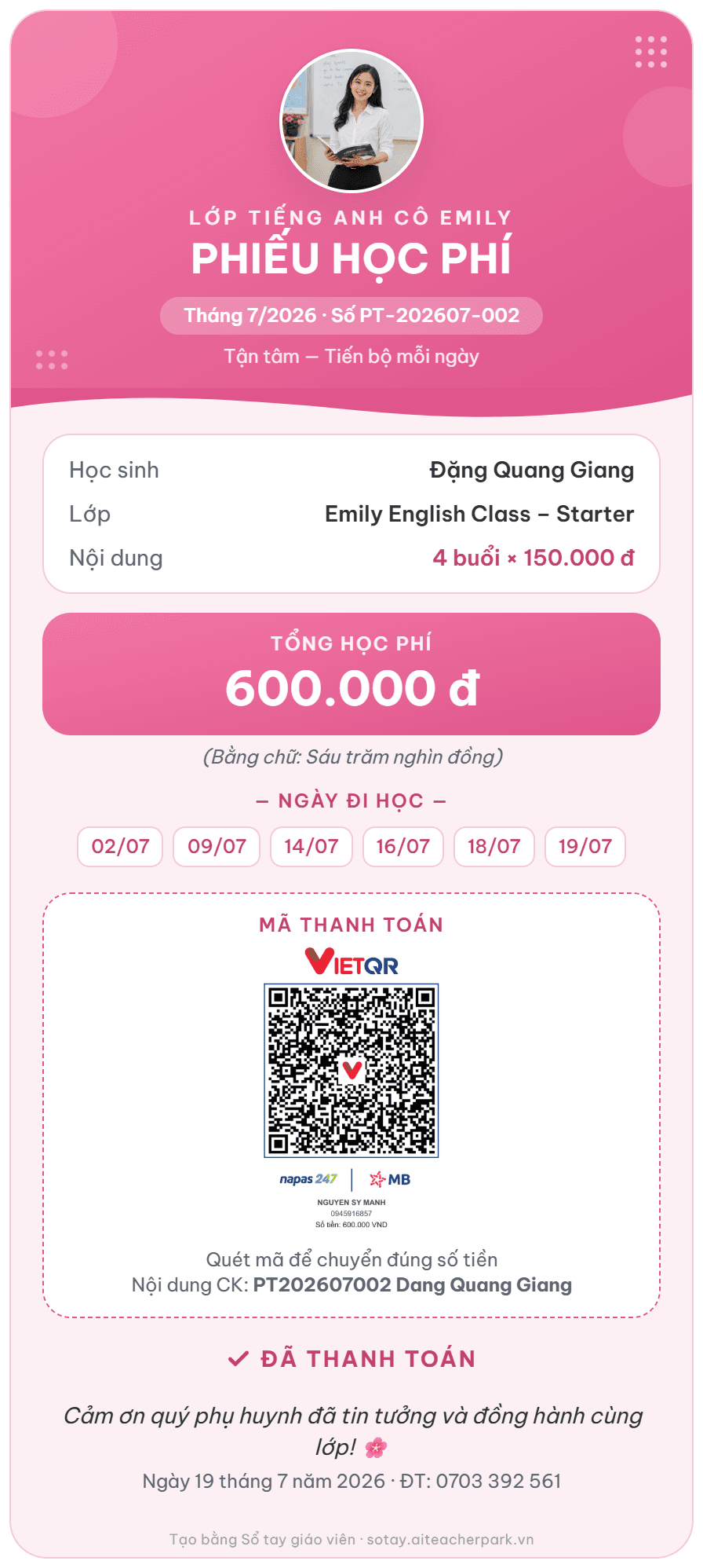 Phiếu học phí mẫu có mã QR chuyển khoản đúng số tiền